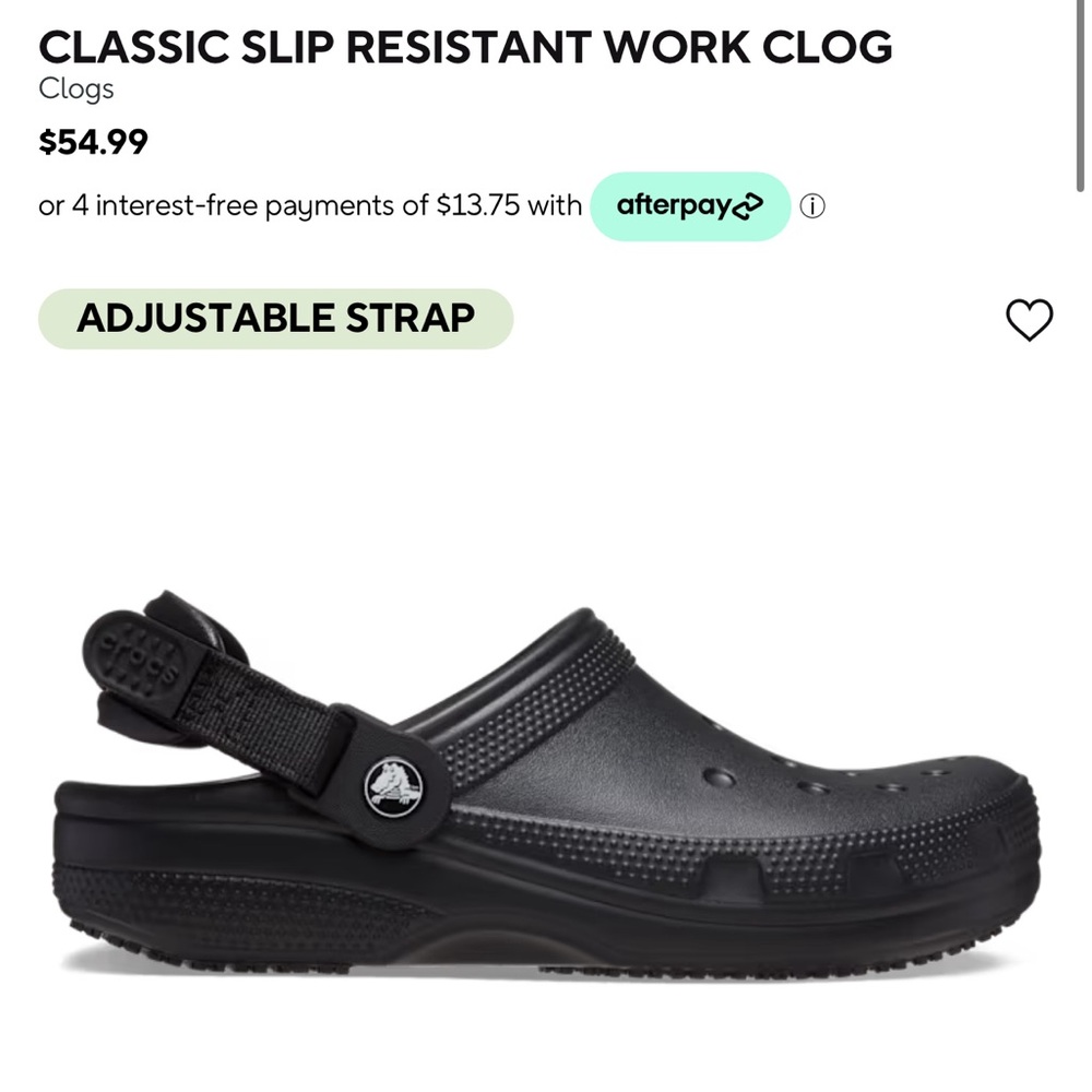 Brand new slip resistant work crocs in black. Adjustable strap. Never worn